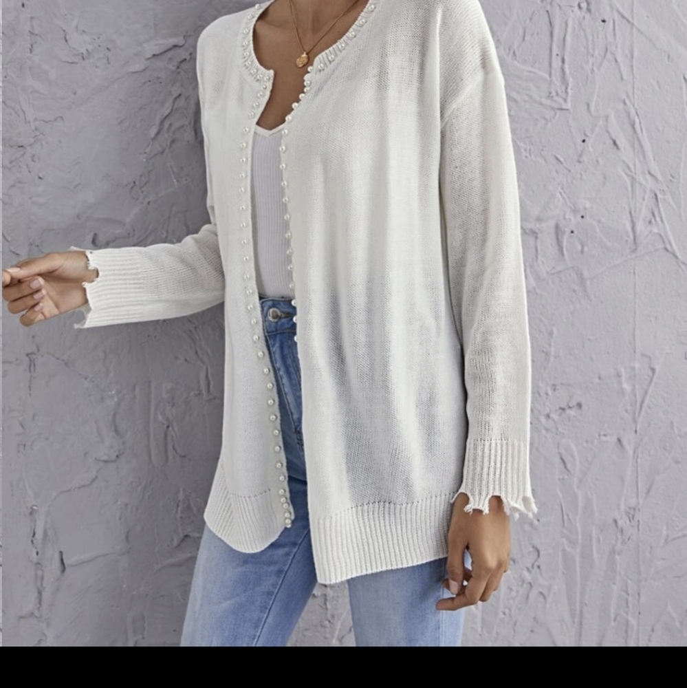 NWT Pearl Beaded Distressed Cardigan, white, small - Picture 3 of 12